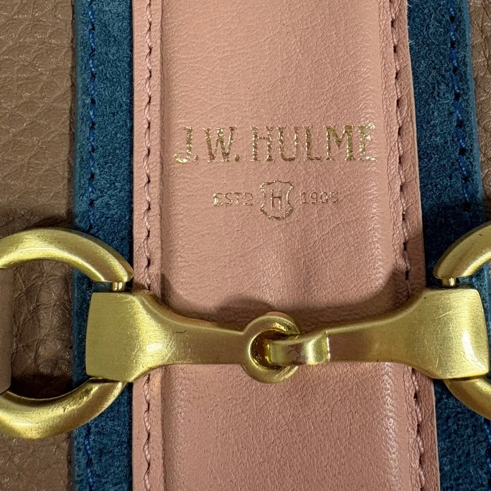 J.W. Hulme Co. Brown Pebbled Leather Horsebit Zip Around Wallet Pink Blue Stripe